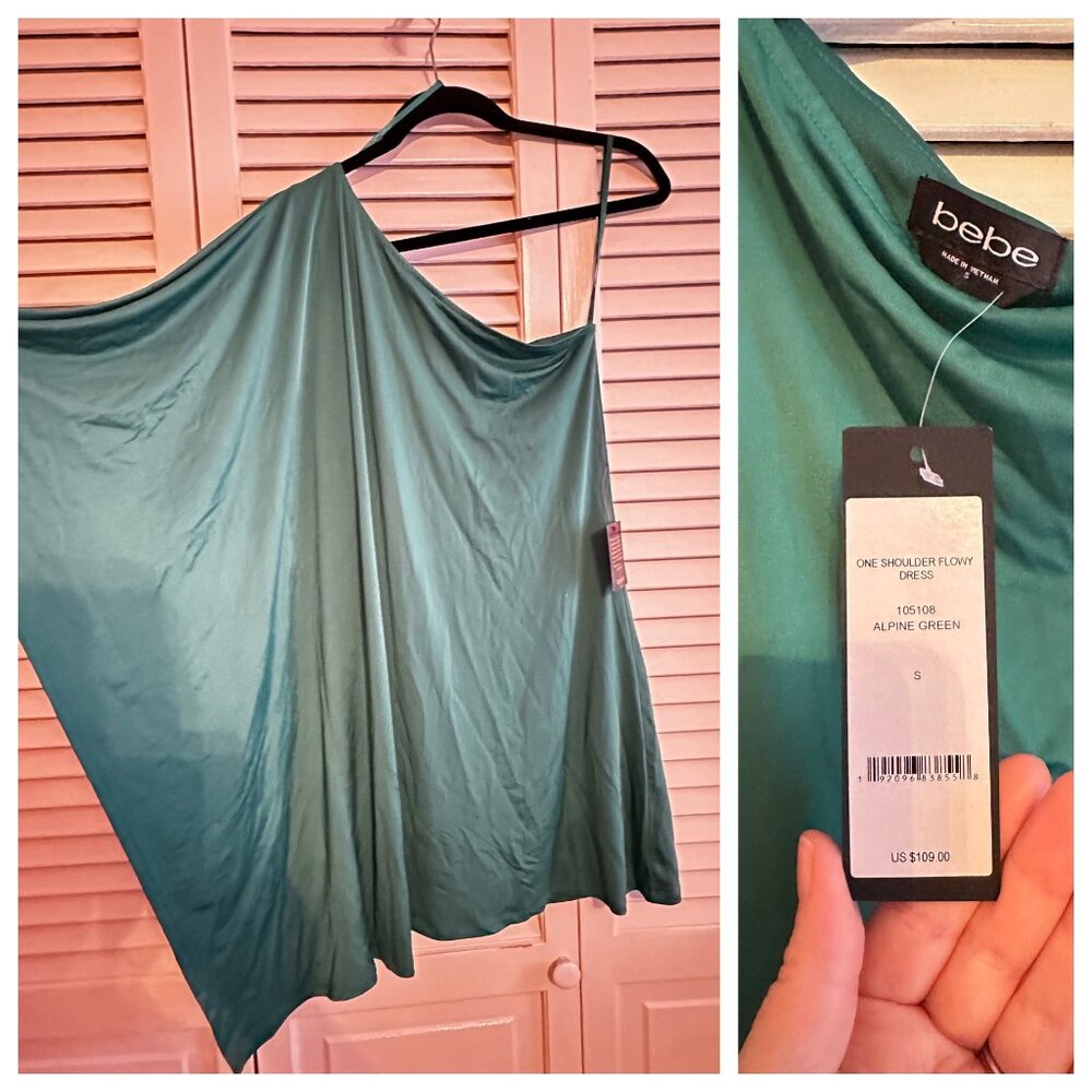 Bebe Asymmetrical drape-sleeve flowy mini cocktail dress- Green, size small